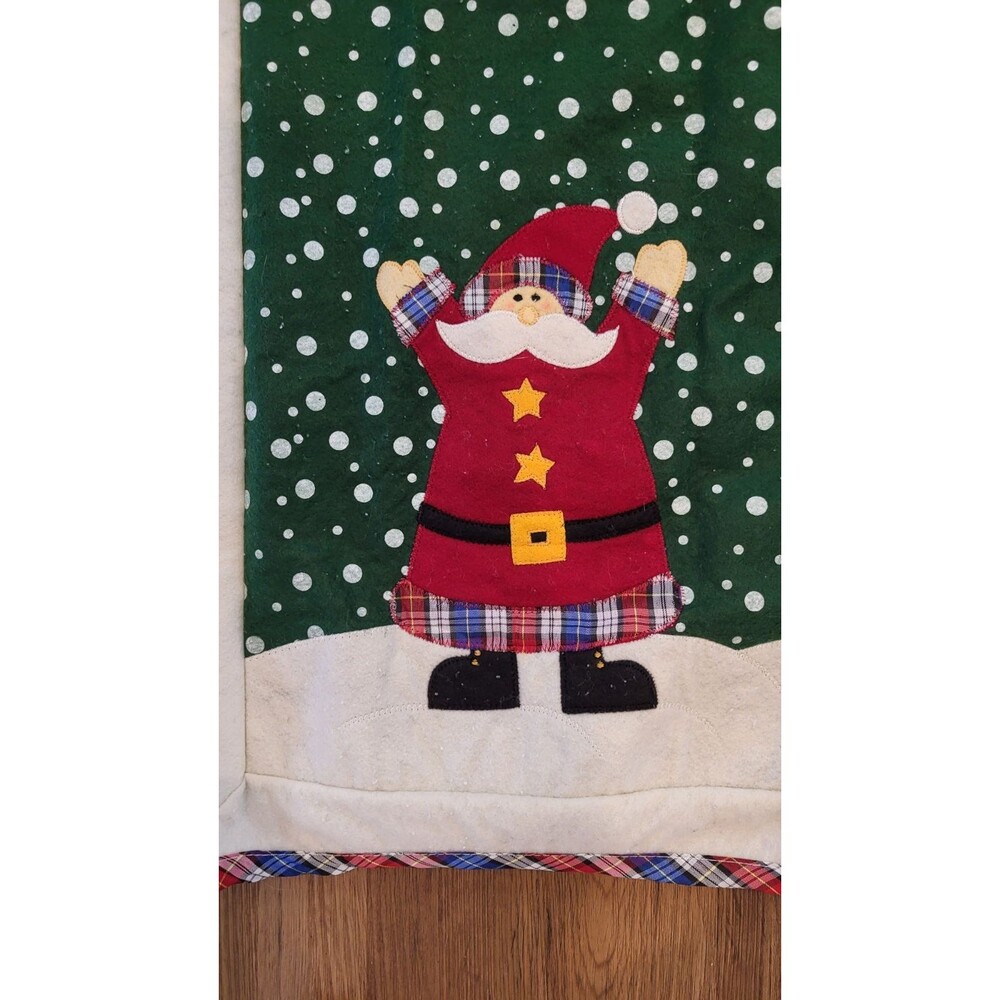 Christmas Table Runner Santa Applique Plaid Trim Snow 69x15 Holiday